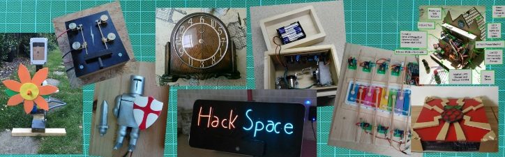 A collage of Andy's maker projects on a green cutting mat: a motorised flea chariot with a paper flower, a mantel clock, electronics built into wooden boxes, a small knight figure, a glowing 'Hack Space' sign, rows of colour-changing RGB LEDs, circuit boards, and a red compass-rose panel.
